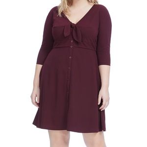 Button Front Wine Fit and Flare Dress